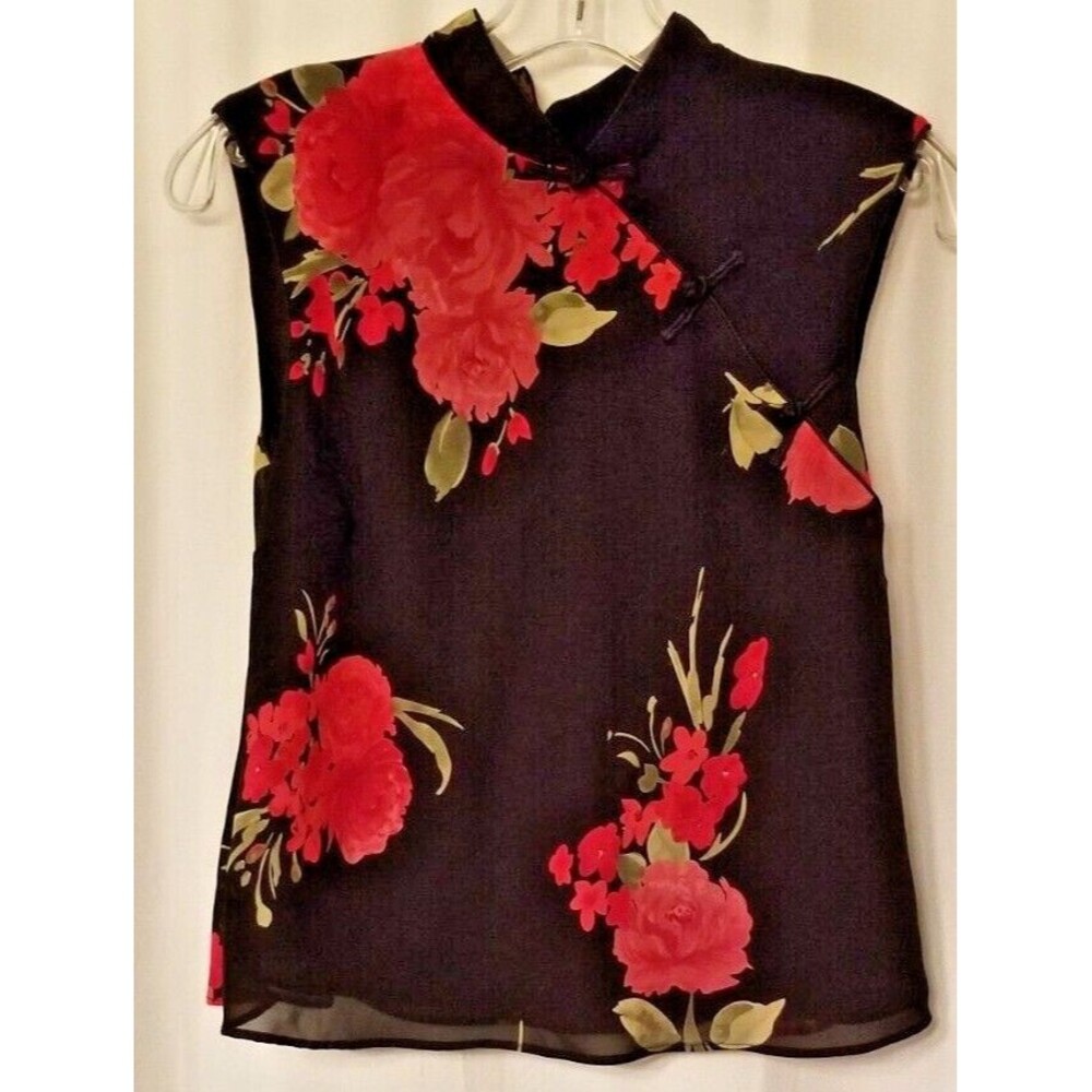 Women's Top Vintage Oriental Floral Petite Sleeveless High Neck Keyhole Size 10